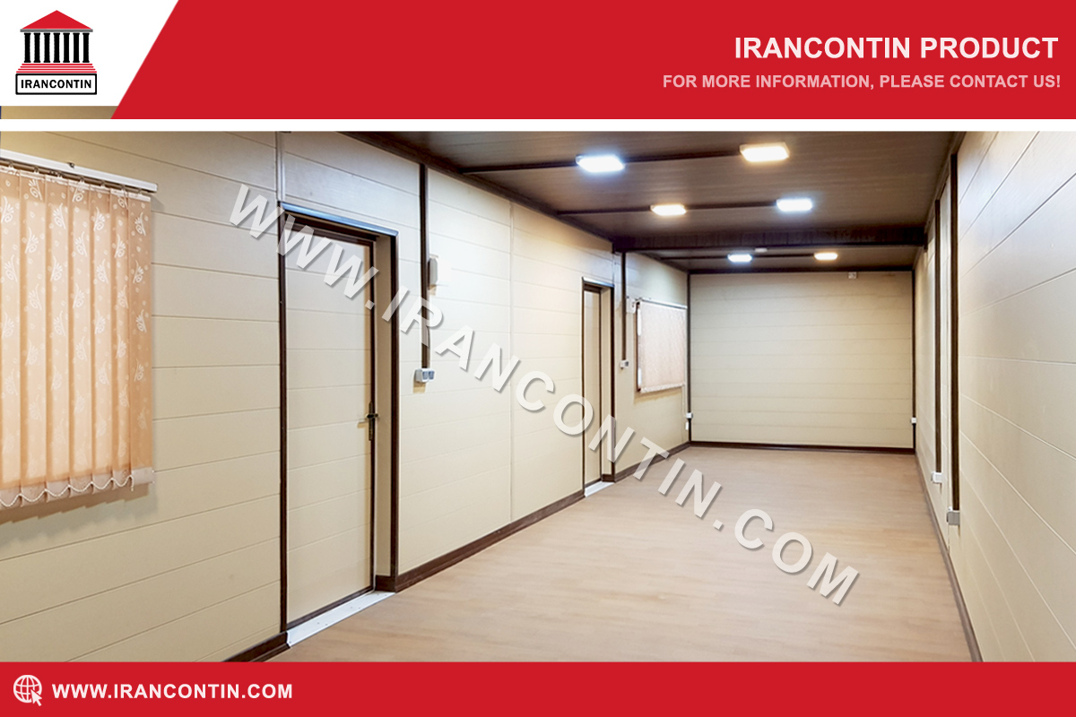 نمای داخل کانکس اداری-سالنی 12×3.5 با درب پانلی و دکور PVC